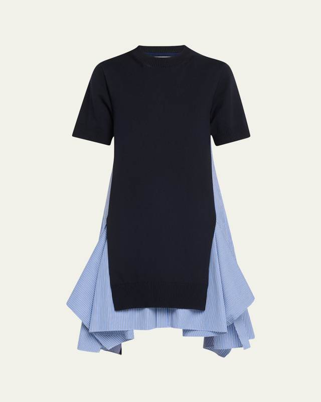 Mixed-Media Short-Sleeve Suiting Sweater Dress